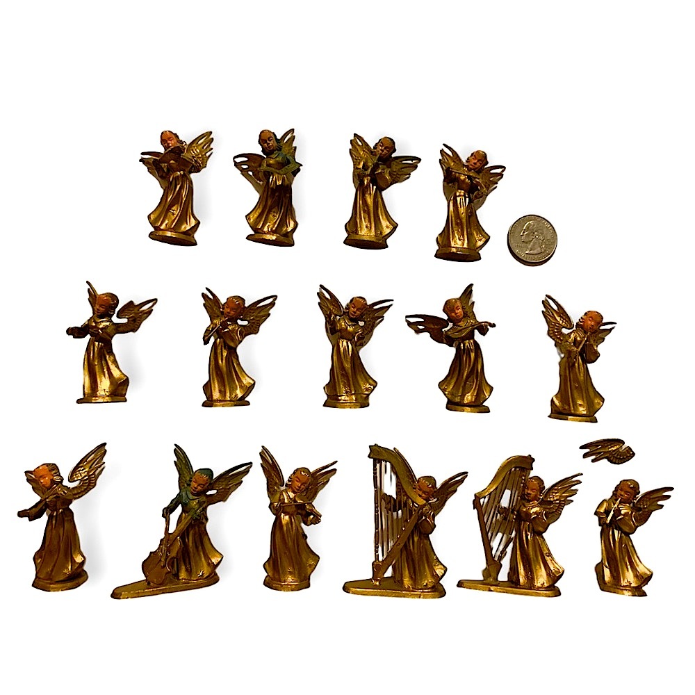 Vintage Lot of 15 gold plastic miniature Christmas angels musical choir - As Is